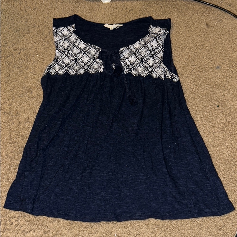 Navy Blue Women's Top with Patterned Yoke